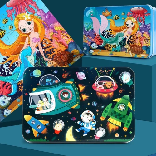 100 pieces two side wood kid mini jigsaw puzzle with metal box