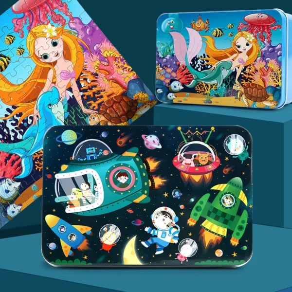 100 pieces two side wood kid mini jigsaw puzzle with metal box