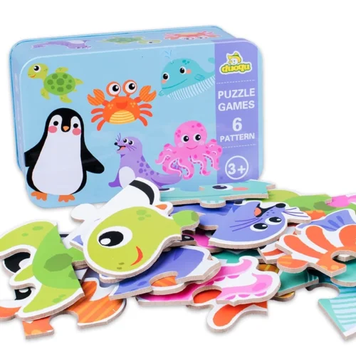 Early educational learning toy wood kid puzzle with metal box