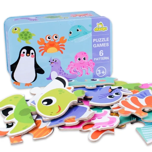 Early educational learning toy wood kid puzzle with metal box